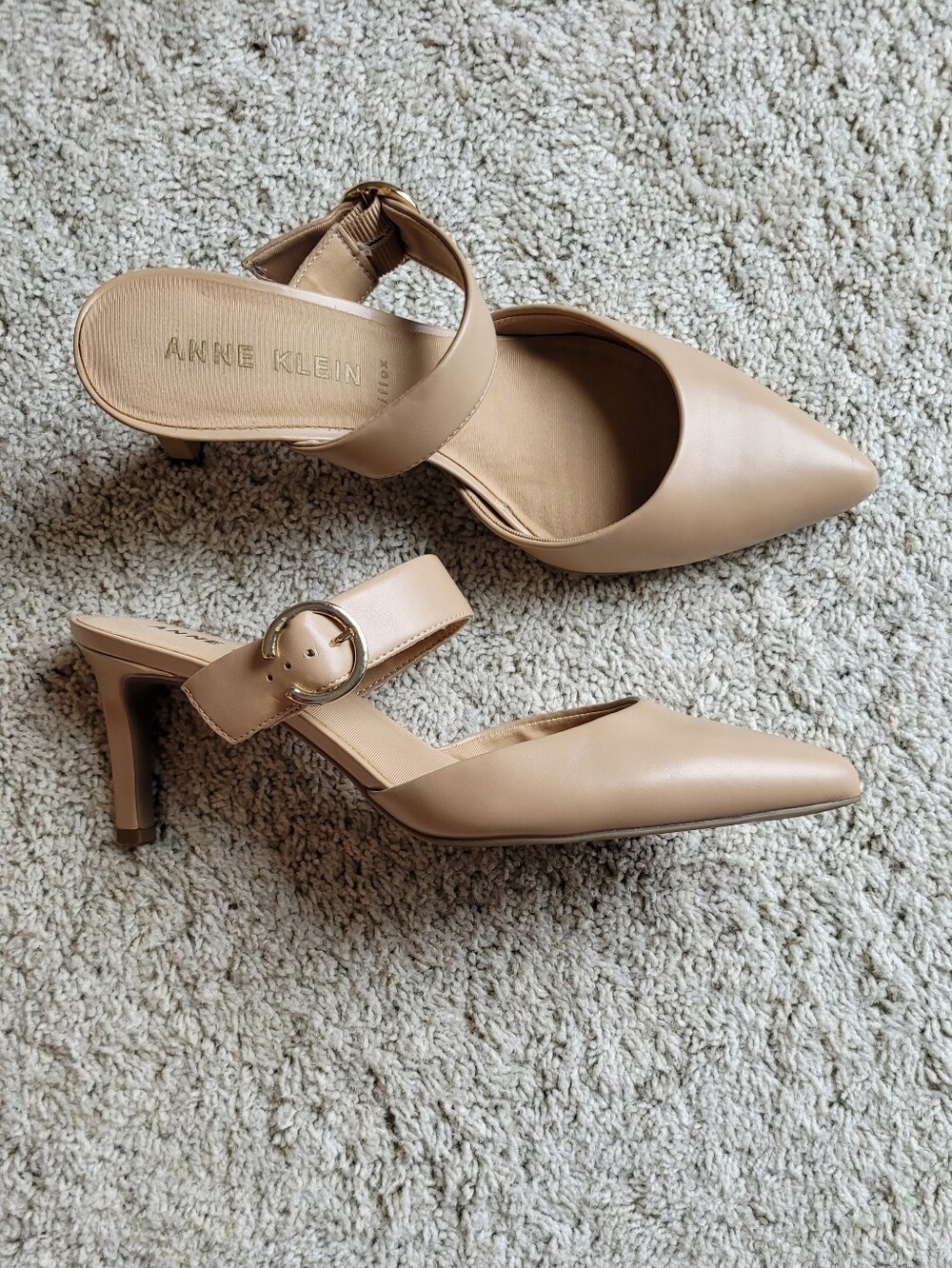 Anne Kleins Stylish I-flex Tan Colored Pointed Toe Slingbacks With Circle Buckle